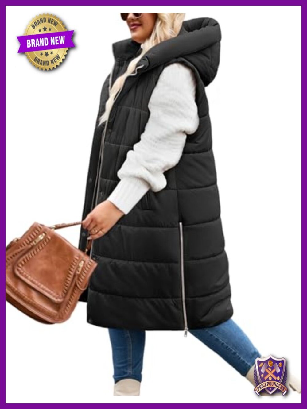 Plus Size Puffer Vest Long Sleeveless Hooded Quilted Winter Zip Up